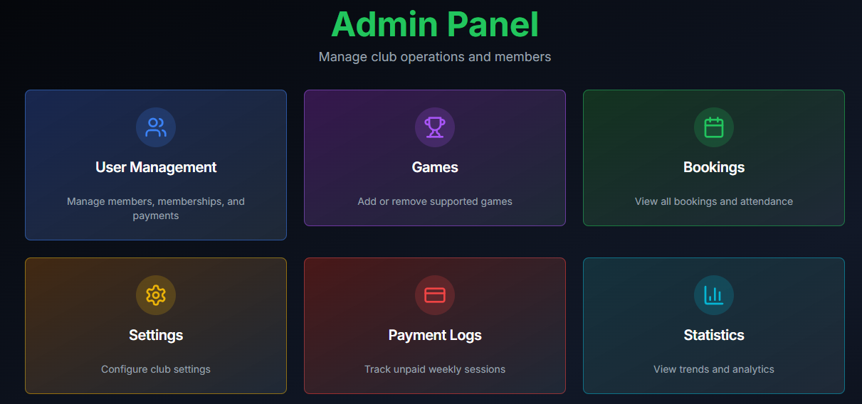 TFG Gaming Club website - dark themed gaming community site